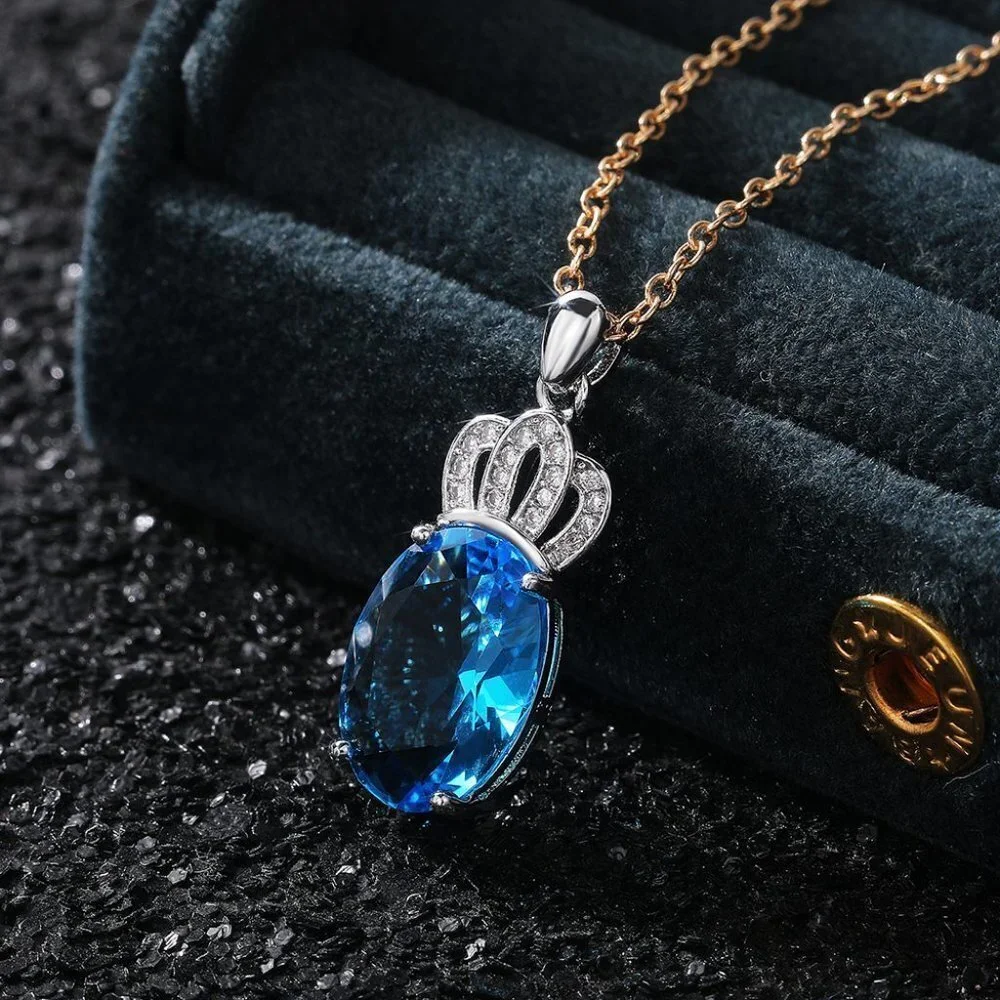 💞Oval Gemstone Crown Silver Plated Pendant Necklace for Women, EVGG1114